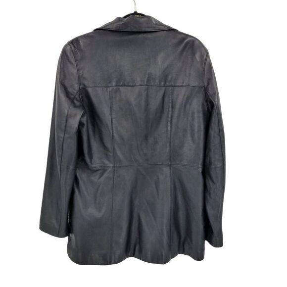 Vintage 80s Leather Jacket L Black Blazer Single Breasted Button Down Sleek - Picture 2 of 13